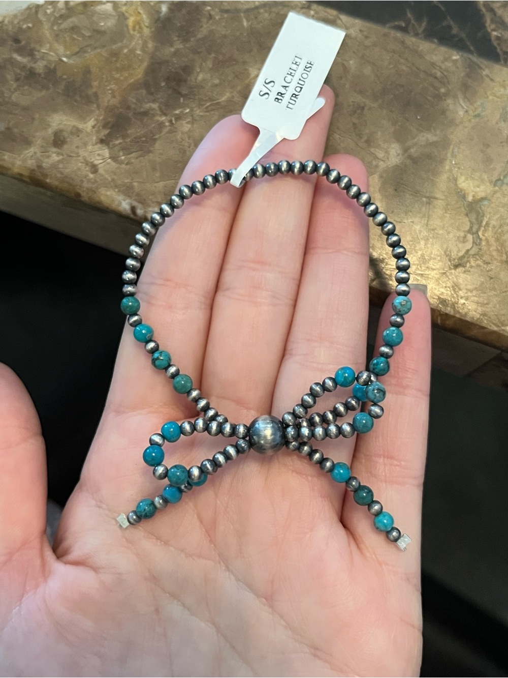 Turquoise Sterling Silver Beaded Bow Bracelet- Turquoise & Silver